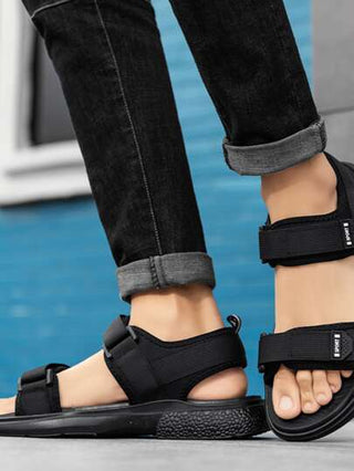 للرجال غير منزلق مزخرف برقعة عبارة لاصق سحري صنادل رياضي , رياضي أسود قماش صنادل