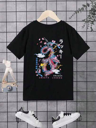 SHEIN تي شيرت أسود أكمام قصيرة مع خلف تصميم , مناسب للصيف ولد طفل