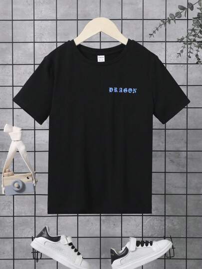 SHEIN تي شيرت أسود أكمام قصيرة مع خلف تصميم , مناسب للصيف ولد طفل