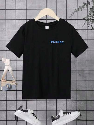 SHEIN تي شيرت أسود أكمام قصيرة مع خلف تصميم , مناسب للصيف ولد طفل