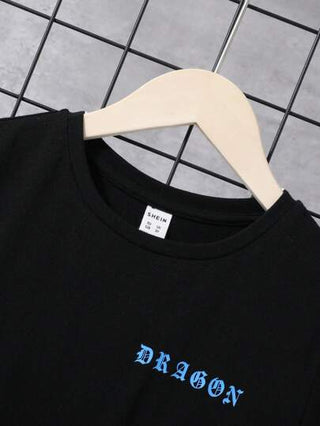 SHEIN تي شيرت أسود أكمام قصيرة مع خلف تصميم , مناسب للصيف ولد طفل