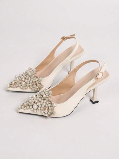 نساء ديكور حجر الراين ولؤلؤ صناعي باصابع قدم مدبب كعب عالي هرم حذء كعب عالي , موضة خارجي حذاء كعب ومفتوح الوراءرمضان