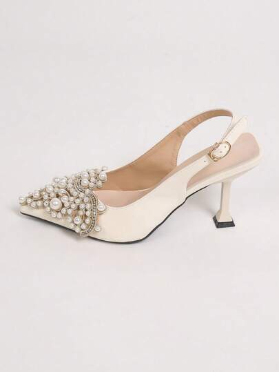 نساء ديكور حجر الراين ولؤلؤ صناعي باصابع قدم مدبب كعب عالي هرم حذء كعب عالي , موضة خارجي حذاء كعب ومفتوح الوراءرمضان