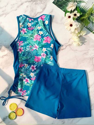 طقم تانكيني حريمي Swim تانكيني بسحاب جانبي بأربطة متشابكة وبطبعة استوائية شاطئية صيفية