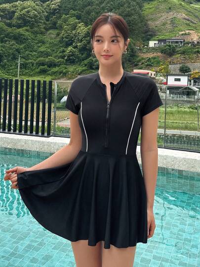 مايوه حريمي قطعة واحدة DAZY بذلة سباحة قطعة واحدة مع سحاب أمامي ذات ربطة تباين، للنساء مناسبة للصيف والشاطئ