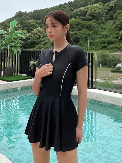 مايوه حريمي قطعة واحدة DAZY بذلة سباحة قطعة واحدة مع سحاب أمامي ذات ربطة تباين، للنساء مناسبة للصيف والشاطئ