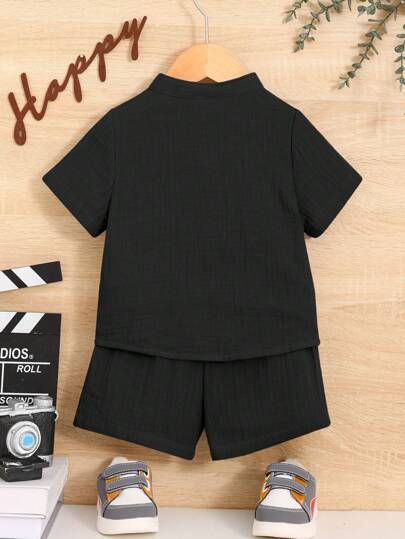 SHEIN مجموعة 2 قطعة للطفل الولد, ملابس علوية قطني قصير الأكمام بياقة طاقم صيفي كاجوال وشورت