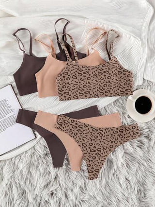 Shein Underwear&Sleepwear Basics مجموعة لانجري صدرية وملابس داخلية نسائية بطبعة فهد 3 حزم
