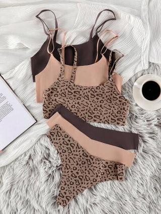 Shein Underwear&Sleepwear Basics مجموعة لانجري صدرية وملابس داخلية نسائية بطبعة فهد 3 حزم