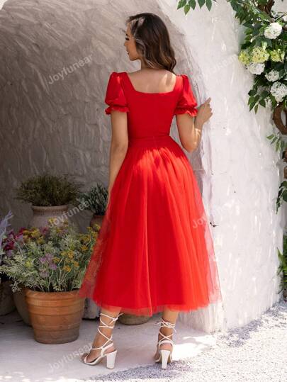 Joyfunear فستان نسائي ذو أكمام كشكشة وطبقة شفافة أنيقة وفخمة