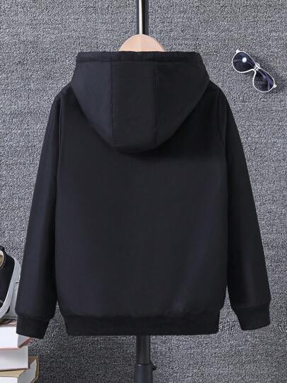 SHEIN جاكيت تفاصيل مرقع بعبارة جيب قلاب اكمام راجلان بطباعة تيدي قبعة ولد طفل