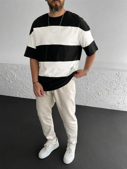 Manfinity Homme تي شيرت رجالي نصف كم قصير عادي مع ألوان متباينة