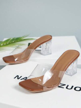 صنادل نسائية ذات كعب عالي أنيقة، تصميم كلاسيكي أنيق، ذات فصوص كريستالية على الكعب السميك، مزينة بشراب شفاف، مناسبة لموسم الموسيقى والعطلات، والعروض الترويجية للربيع والصيف.