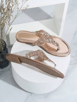 إكليلي مناسب للارتداء اليومي أحذية نسائية شبشب مسطحة ذات لون شامبانيا من الزجاج البلوري