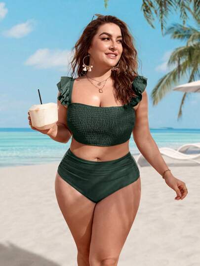 Swim Lushoire مجموعة بيكيني مجدولة بقطعة واحدة في مقاس كبير، مع تفصيل الكشكشة، للصيف والشاطئ