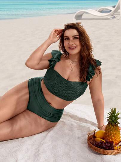 Swim Lushoire مجموعة بيكيني مجدولة بقطعة واحدة في مقاس كبير، مع تفصيل الكشكشة، للصيف والشاطئ