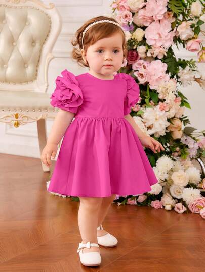 فساتين بيبي فستان كم قصير مزين بكشكشة طفلة حلوة ملكي الطراز