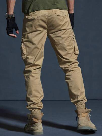 Manfinity Homme سروال كاكي بجيوب قلابة بدون حزام للرجال، سروال كاكي عادي طويل، هدية للزوج والحبيب