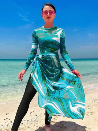 Swim Shayni بدلة سباحة قطعة واحدة مطبوعة بالتصميم الكامل مع تنورة شاطئية ،ملابس شاطئية عربية صيفية