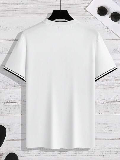 Manfinity Homme تيشرت للرجال صالح للجسم ياقة مستديرة أكمام قصيرة تي شيرت جرافيك للرجال - ملابس رجالية أنيقة عارضة للصيف ملابس علوية محبوكة عادية