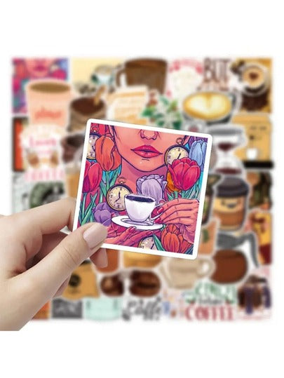 50 ملصق بي في سي بموضوع القهوة للهدايا القهوية، ديكور الحفلات، الدراجات النارية، الحقائب، الأجهزة المحمولة، لوحات التزلج، زجاجات المياه، خوذة الأطفال، لوازم المدرسة، العودة للمدرسة