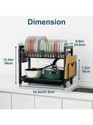 رف تجفيف الصحون السوداء (43.5 * 24.5 * 34.5) ، صينية الصنبور المزدوجة الفولاذ المقاوم للصدأ مع حامل أدوات المائدة ولوح التصريف
