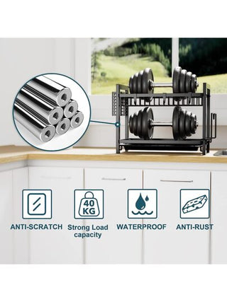 رف تجفيف الصحون السوداء (43.5 * 24.5 * 34.5) ، صينية الصنبور المزدوجة الفولاذ المقاوم للصدأ مع حامل أدوات المائدة ولوح التصريف