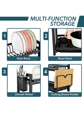 رف تجفيف الصحون السوداء (43.5 * 24.5 * 34.5) ، صينية الصنبور المزدوجة الفولاذ المقاوم للصدأ مع حامل أدوات المائدة ولوح التصريف