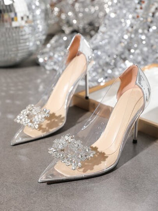 حذاء كعب عالي وصول المخزون الجديد يسقط 2023 للنساء اصبع مدبب شفاف مع بديكور حجر الراين , 9cm كعب ارتفاع