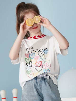ملابس بناتي ASK JUNIOR تي شيرت أكمام قصيرة كاجوال مع طباعة حروف الحب للبنات المراهقات