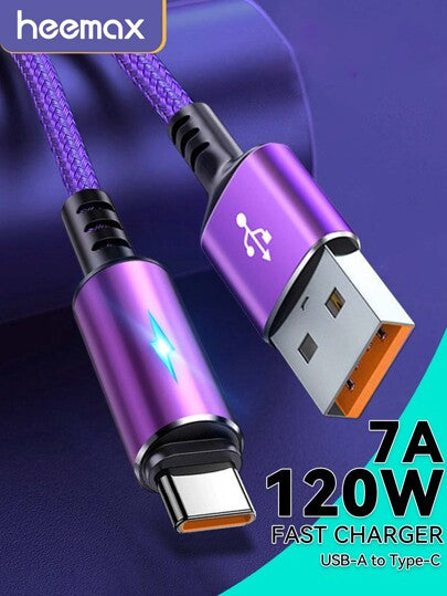 كابل USB-C سريع الشحن 120 واط، كابل شحن بشريط نايلون مضفر، متوافق مع هواتف Honor وOPPO بقوة شحن 27 واط، متوافق مع Xiaomi وهواتف ، لوازم هواتف، كابل USB-C (أرجواني)