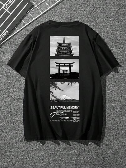 Manfinity Homme تي شيرت منخفض الاكتاف بطباعة شعار للرجال