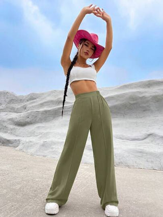 EZwear بنطلون بساق واسع موحدة اللون خصر عالي