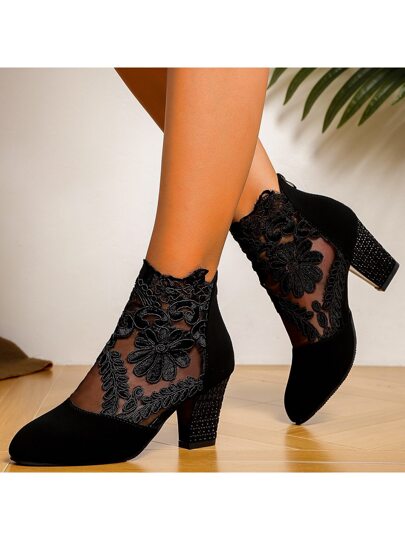 بوت الكاحل للنساء ذات كعب مستطيل أنيق من الدانتيل، بنمط الزهور، خيار بريق للأحزاب، بوت كاحل نسائية ذات رؤوس مدببة مرتفعة الكعب بطراز أنيق