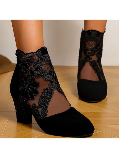 بوت الكاحل للنساء ذات كعب مستطيل أنيق من الدانتيل، بنمط الزهور، خيار بريق للأحزاب، بوت كاحل نسائية ذات رؤوس مدببة مرتفعة الكعب بطراز أنيق
