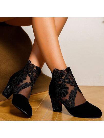 بوت الكاحل للنساء ذات كعب مستطيل أنيق من الدانتيل، بنمط الزهور، خيار بريق للأحزاب، بوت كاحل نسائية ذات رؤوس مدببة مرتفعة الكعب بطراز أنيق