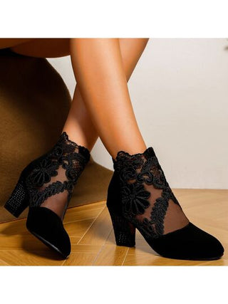 بوت الكاحل للنساء ذات كعب مستطيل أنيق من الدانتيل، بنمط الزهور، خيار بريق للأحزاب، بوت كاحل نسائية ذات رؤوس مدببة مرتفعة الكعب بطراز أنيق