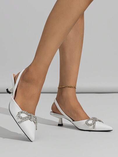 للنساء الموضة اصبع مدبب حجر الراين فراشة زخارف خنجر حذاء كعب عالي , أبيض - ممتاز للحفلة