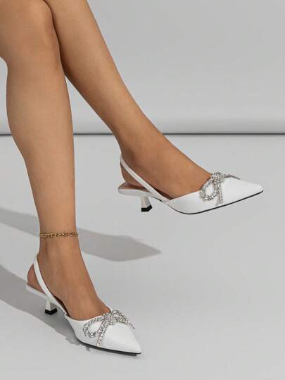 للنساء الموضة اصبع مدبب حجر الراين فراشة زخارف خنجر حذاء كعب عالي , أبيض - ممتاز للحفلة