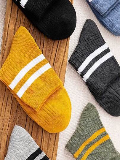 6 أزواج من الجوارب المخططة للرجال وسط الساق ، للجنسين ، أبيض ، مقاس واحد يناسب الاتحاد الأوروبي 35-43