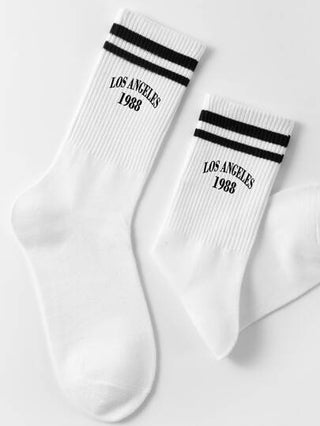 جوارب رجالية بطول منتصف الساق ذات خطوط مزدوجة وأحرف كبيرة 'لوس أنجلوس' ،منسوجة جاكار، مضادة للرائحة، تمتص العرق ، عارضة وعملية للارتداء اليومي