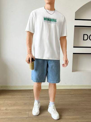 SWAVVY قميص رجالي قصير الأكمام بطباعة حرفية بسيطة غير رسمي، صيفي