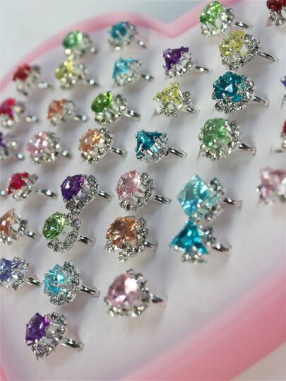 36 قطعة خاتم مزود بزخارف أزهار وقلوب ، خاتم مزين بفصوص معدنية عشوائية، خاتم أطفال، هدية جيدة للأطفال، لعب الأطفال، مجوهرات الأطفال، لعب تنكر البنات