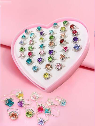 36 قطعة خاتم مزود بزخارف أزهار وقلوب ، خاتم مزين بفصوص معدنية عشوائية، خاتم أطفال، هدية جيدة للأطفال، لعب الأطفال، مجوهرات الأطفال، لعب تنكر البنات
