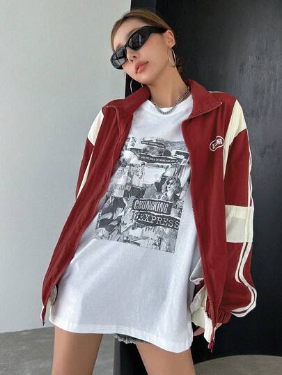 DAZY جاكيت بشعار الأحرف الغرافيكية وخطوط جانبية بأكتاف منسدلة