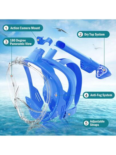 JoyMaySun قناع غطاء كامل للوجه مانع للضبابة والتسريب 1 طقم للكبار مع حامل الكاميرا، قناع سيليكون للغوص والسباحة والغطس الحر مع أنبوب تنفس