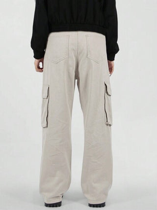 Manfinity EMRG بنطلون كارجو كبير الحجم للرجال مع جيب خارجي ، بنطلون طويل فضفاض وسادة باللون الكريمي للخروج ، هدايا للزوج و الحبيب