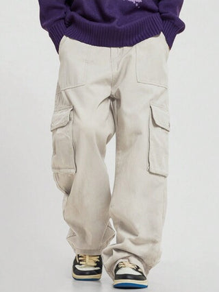 Manfinity EMRG بنطلون كارجو كبير الحجم للرجال مع جيب خارجي ، بنطلون طويل فضفاض وسادة باللون الكريمي للخروج ، هدايا للزوج و الحبيب