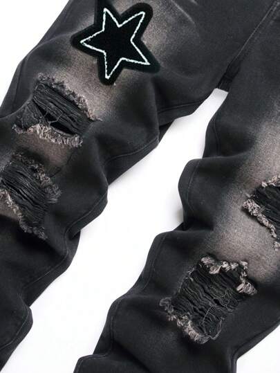 بنطلون جينز نجمة مرقع ممزق مهتري الحواف للرجال