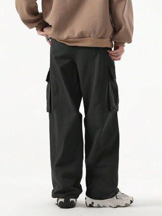 ROMWE MEN Street Life بنطلون بطي سكبارة جانبية، خصر بسحاب ، كارجو متسع، مدرسي